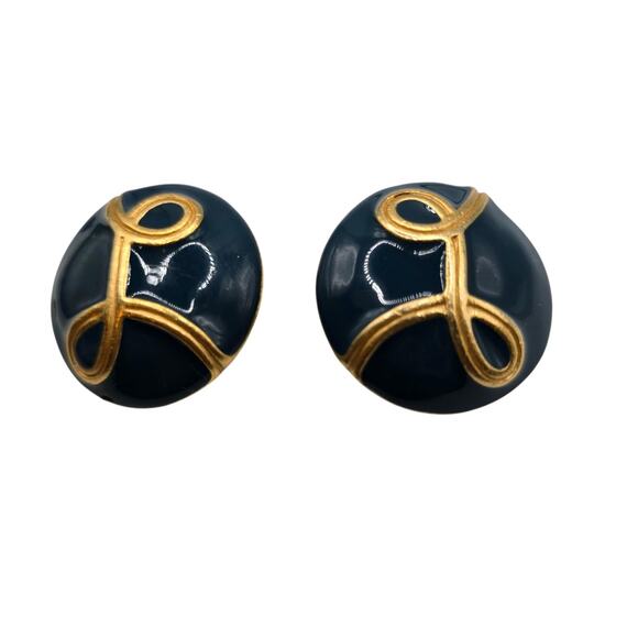 Monet Swirling Ribbon Earrings Clip On Blue Enamel Round Gold Tone Vintage - Picture 2 of 8